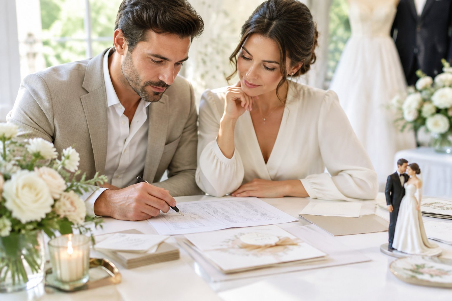 A couple reviews a wedding guest list at a table with invitations and stationery.