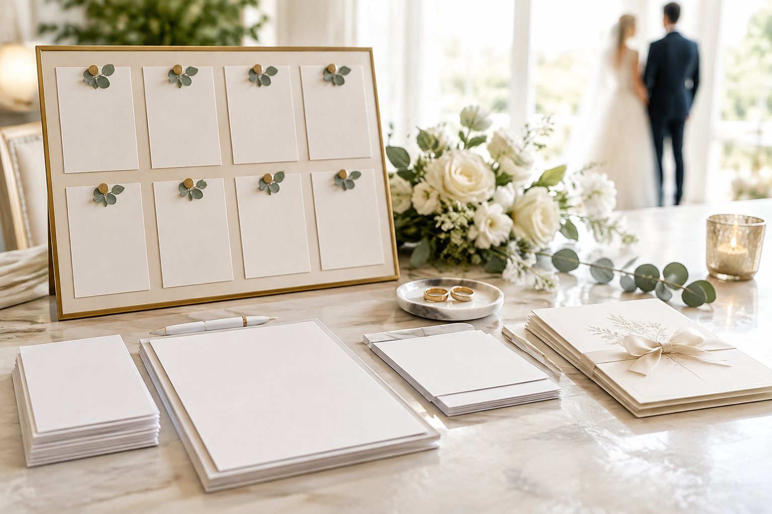 Wedding planning materials, rings, and flowers arranged on a table with a couple blurred in the background.