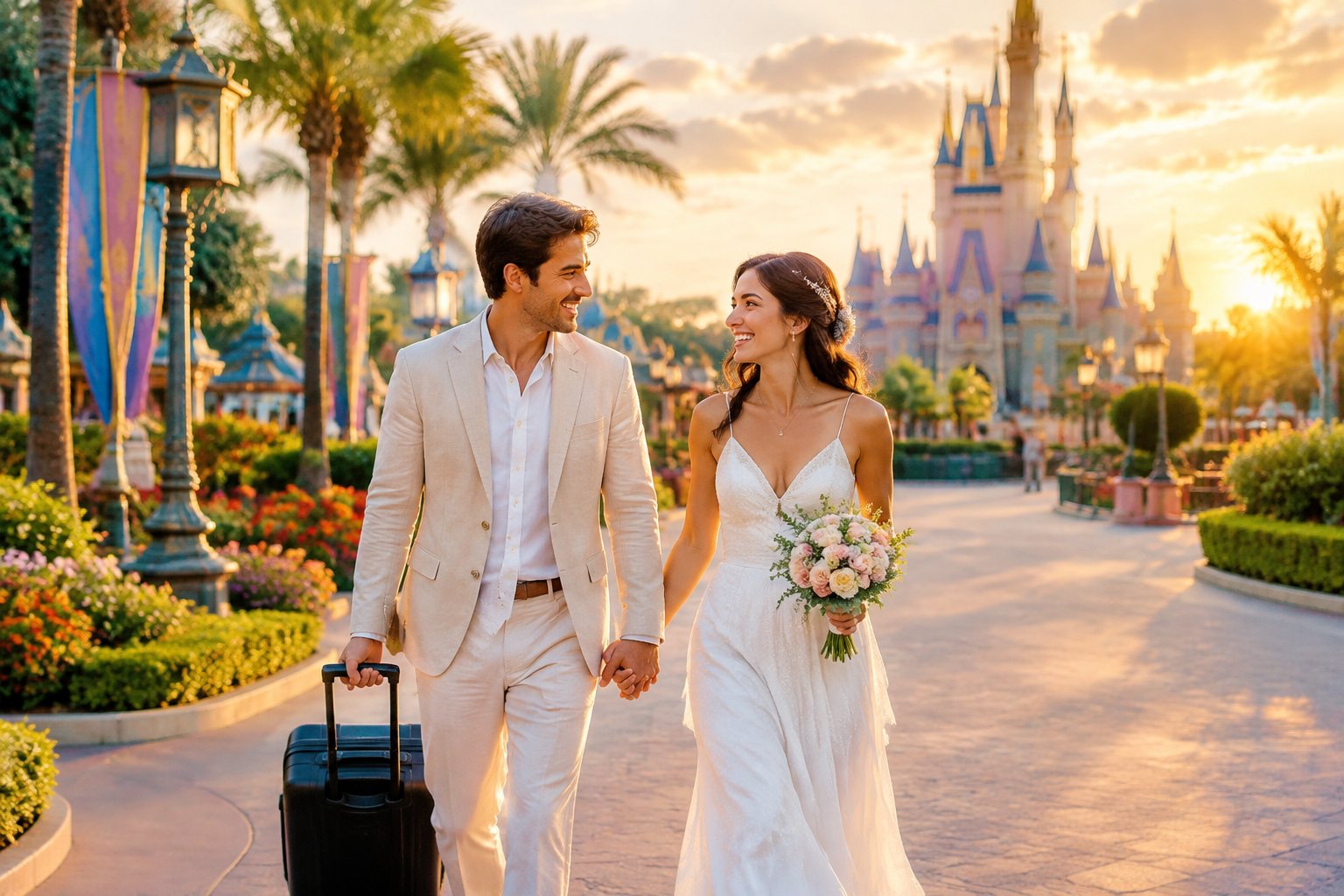 A newlywed couple walks hand in hand through a landscaped resort promenade with a fairytale-inspired castle in the background.