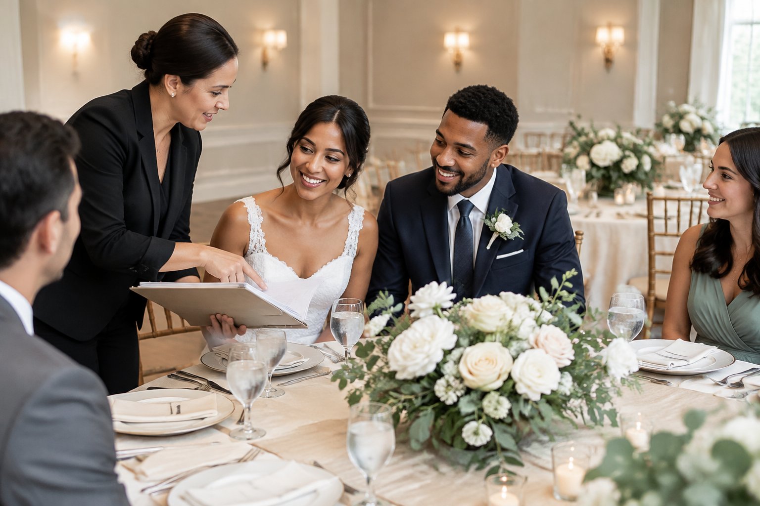 A bride and groom sit at a wedding reception table while a planner reviews the guest count.
