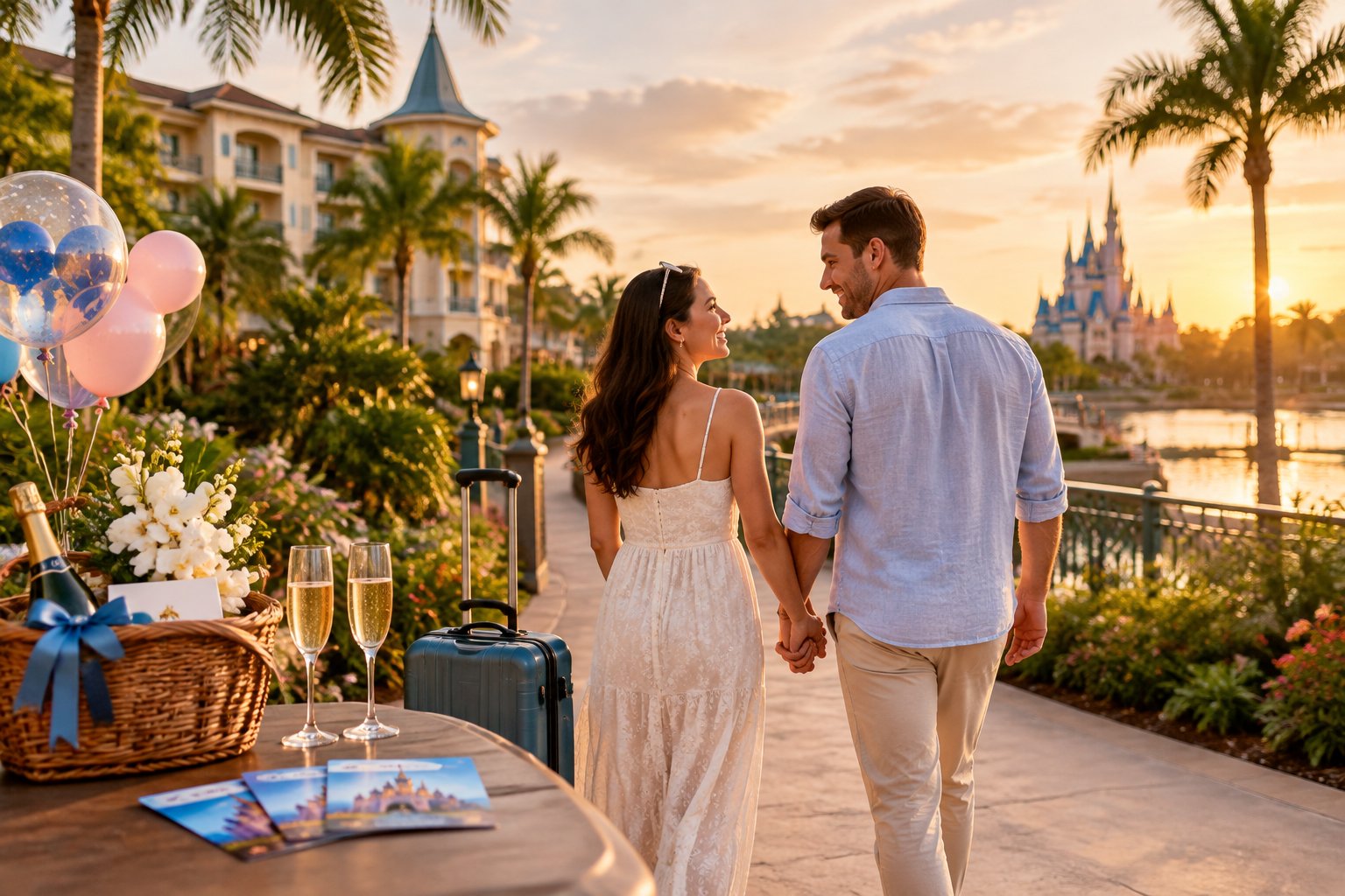 Newlywed couple walking through a magical resort with luggage, welcome gifts, and champagne.