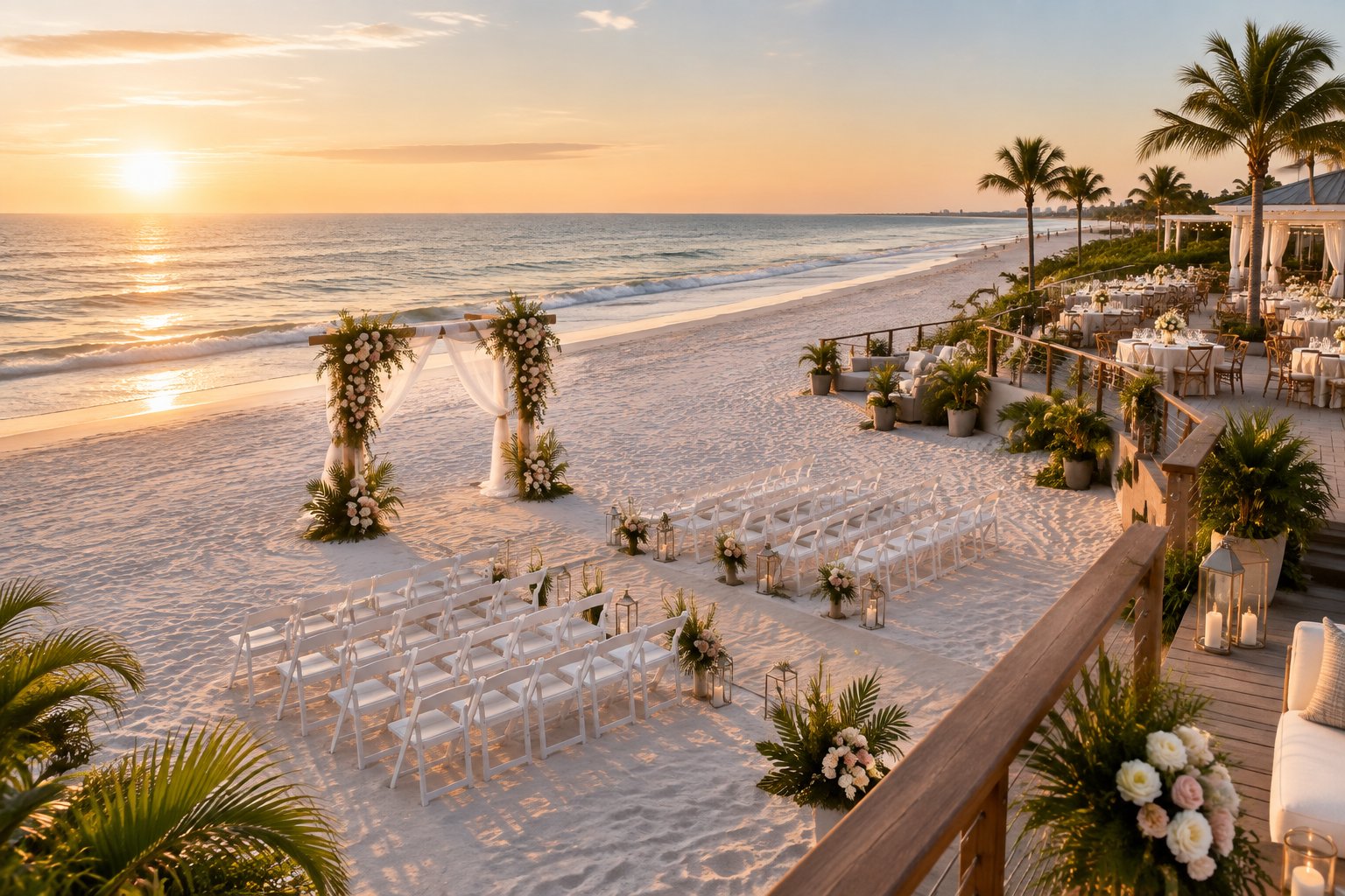 Elegant wedding ceremony setup on a sunny beach beside the ocean.