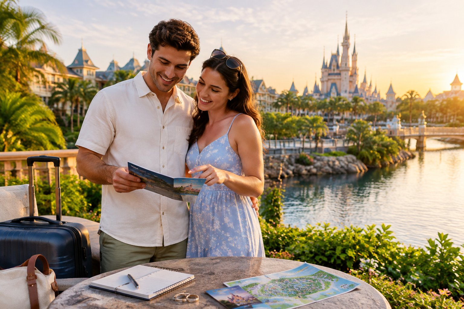 Newlywed couple choosing a romantic Disney resort destination near a tropical waterfront.