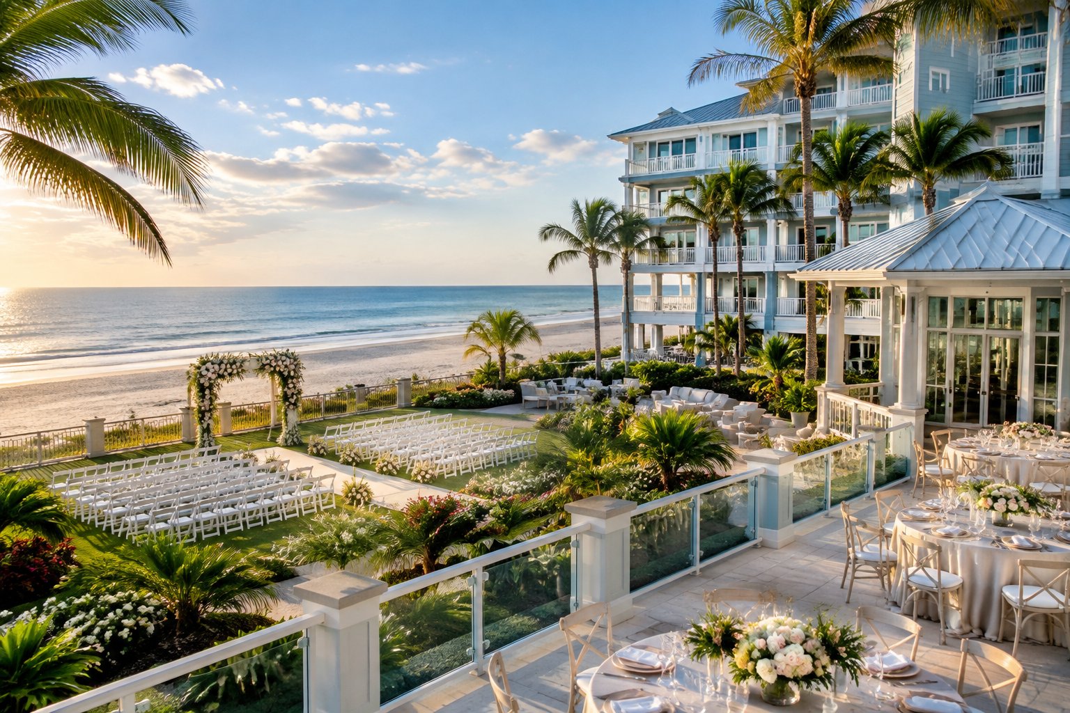 A coastal resort wedding venue with white chairs, floral decorations, palm trees, and the ocean in the background.