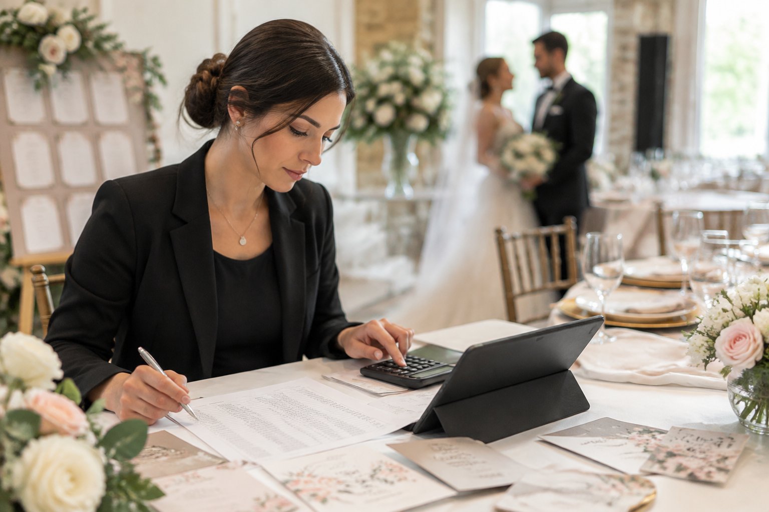 A wedding planner checks a guest list and calculates the final attendee count at a reception planning table.