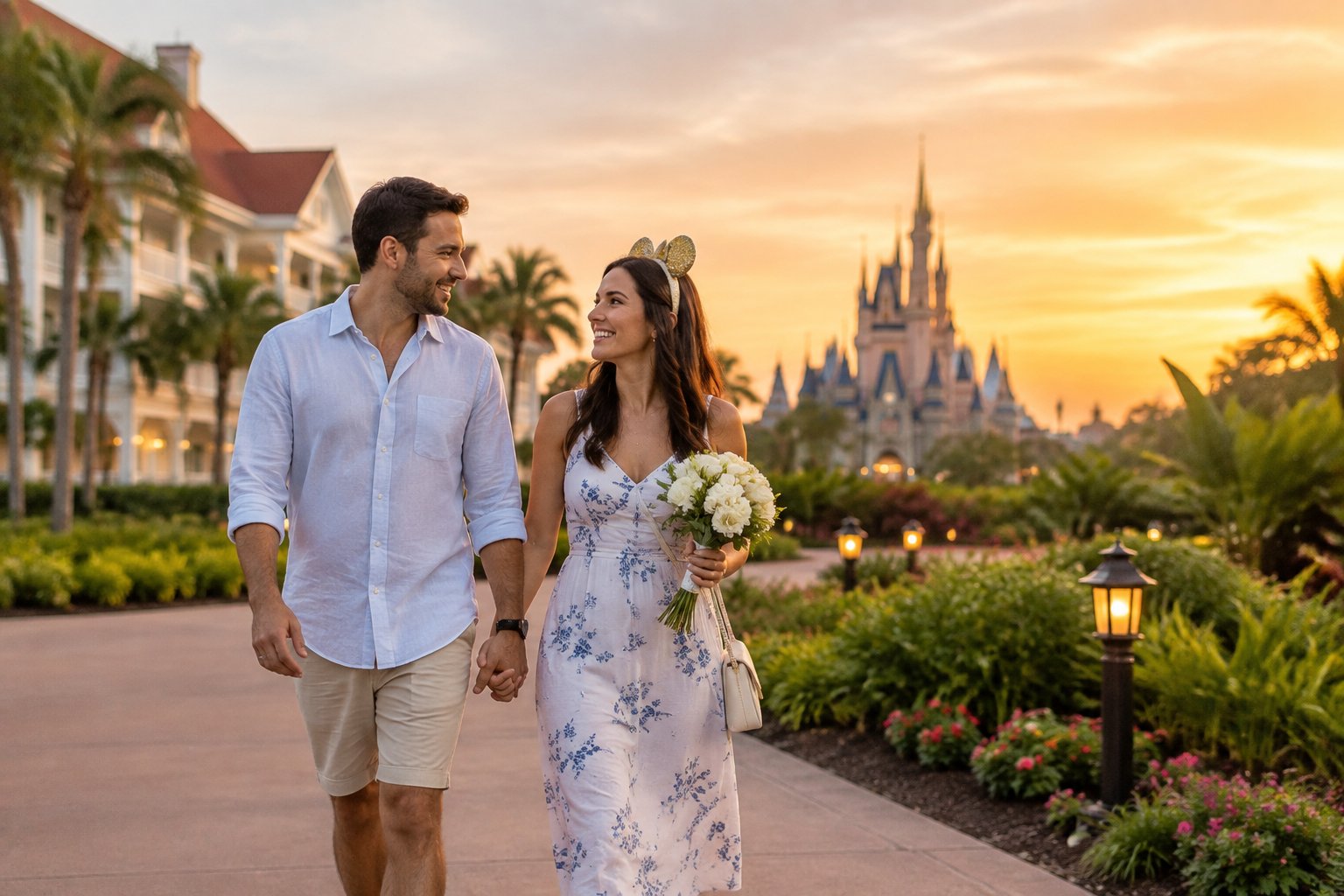 Newlywed couple walking hand in hand through a landscaped Disney resort at sunset.