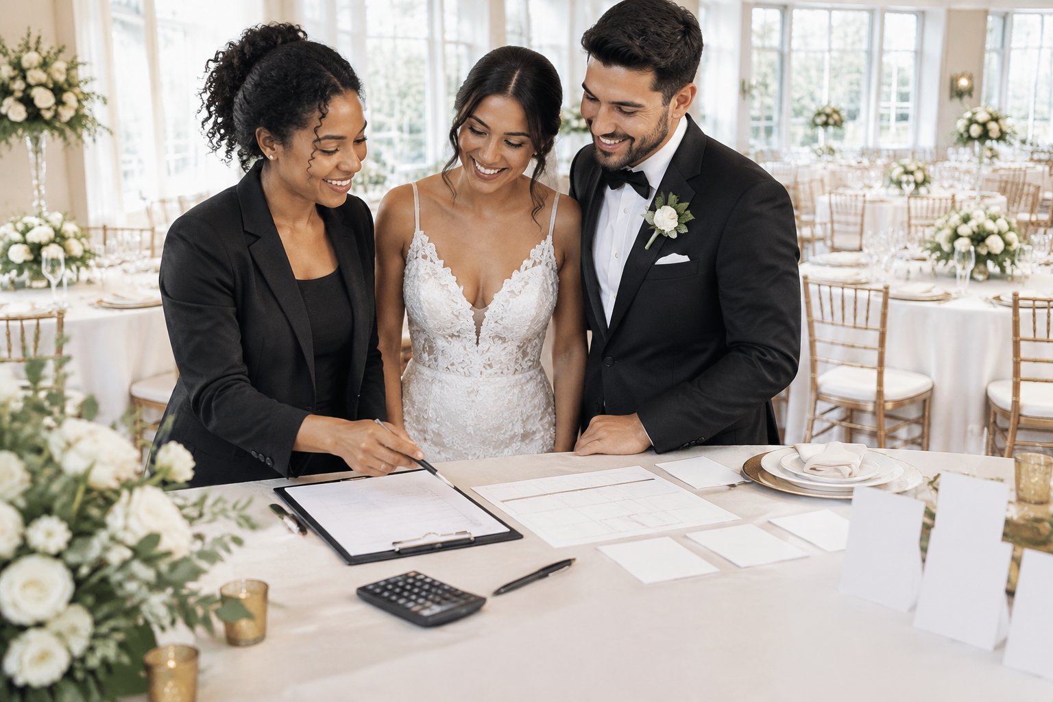 A bride and groom stand at a wedding reception while a planner reviews a guest list and seating arrangement.