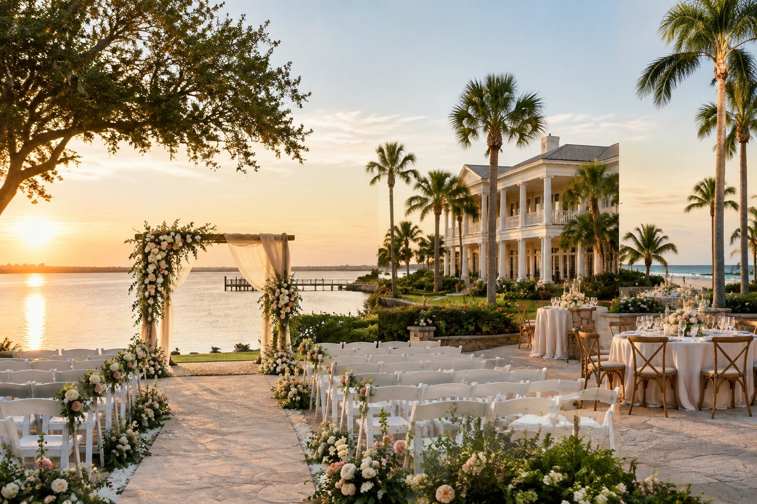 Elegant wedding ceremony setup beside a Florida river with an estate building, tropical landscaping, and coastal scenery.