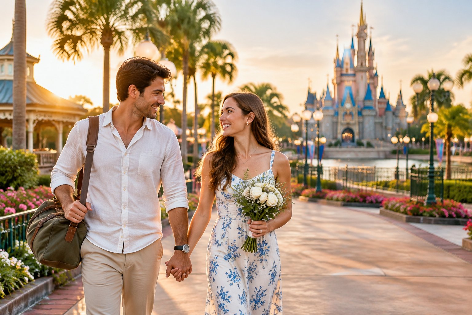 A newlywed couple walks hand in hand through a colorful theme park promenade near a fairytale castle.