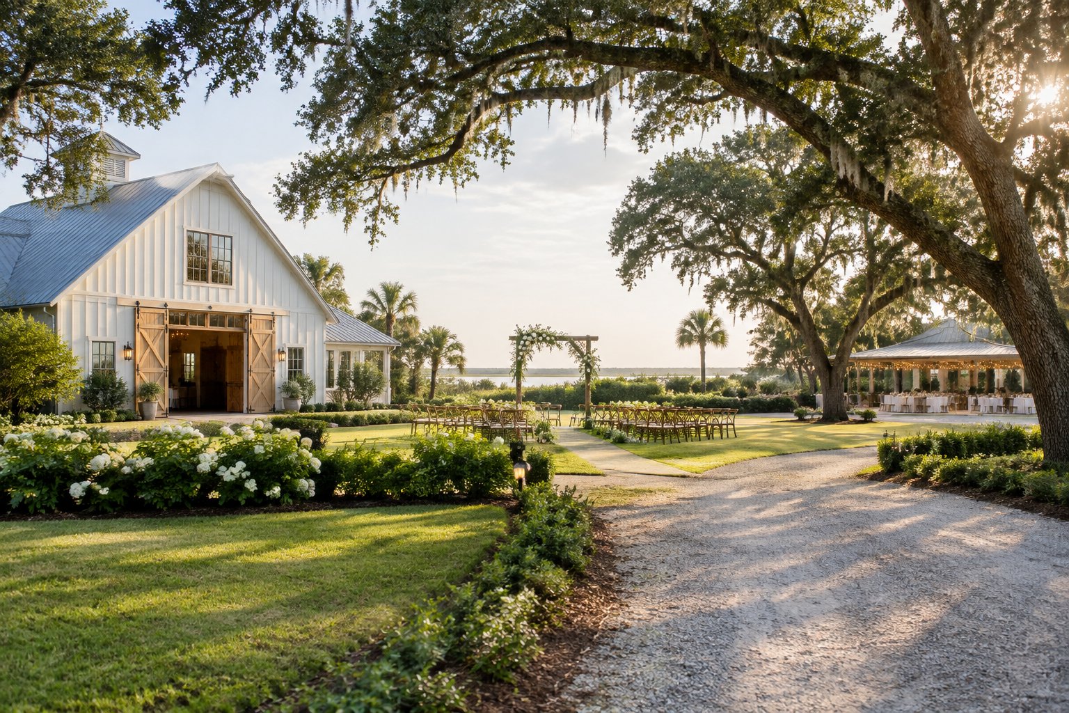 A historic barn and garden wedding venue surrounded by trees, flowers, and an outdoor ceremony setup.