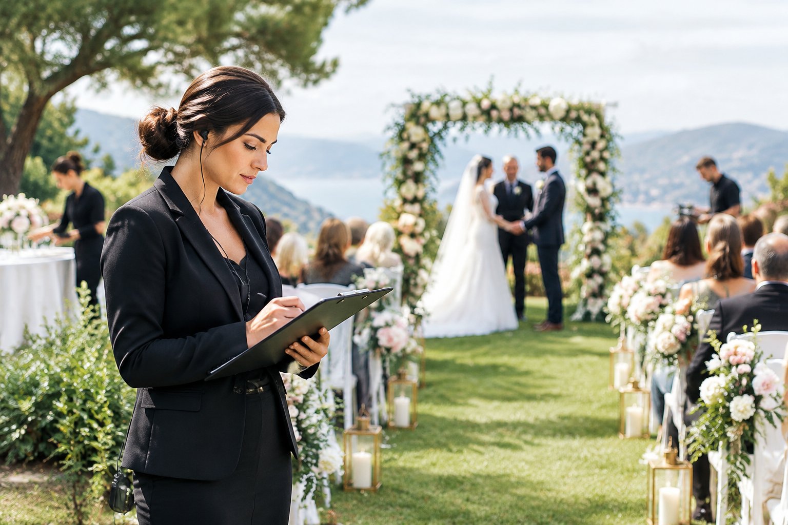 A wedding coordinator oversees an outdoor ceremony while the couple exchanges vows in the background.