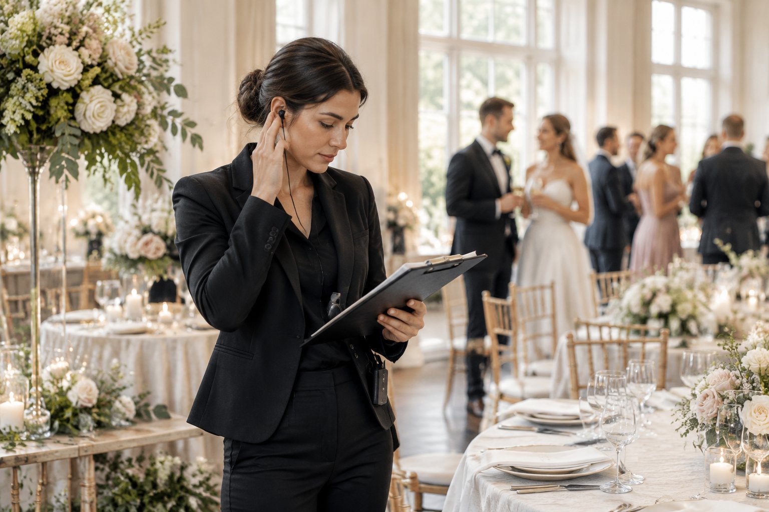 A wedding coordinator manages venue details and communicates with vendors while the couple enjoys time with guests.