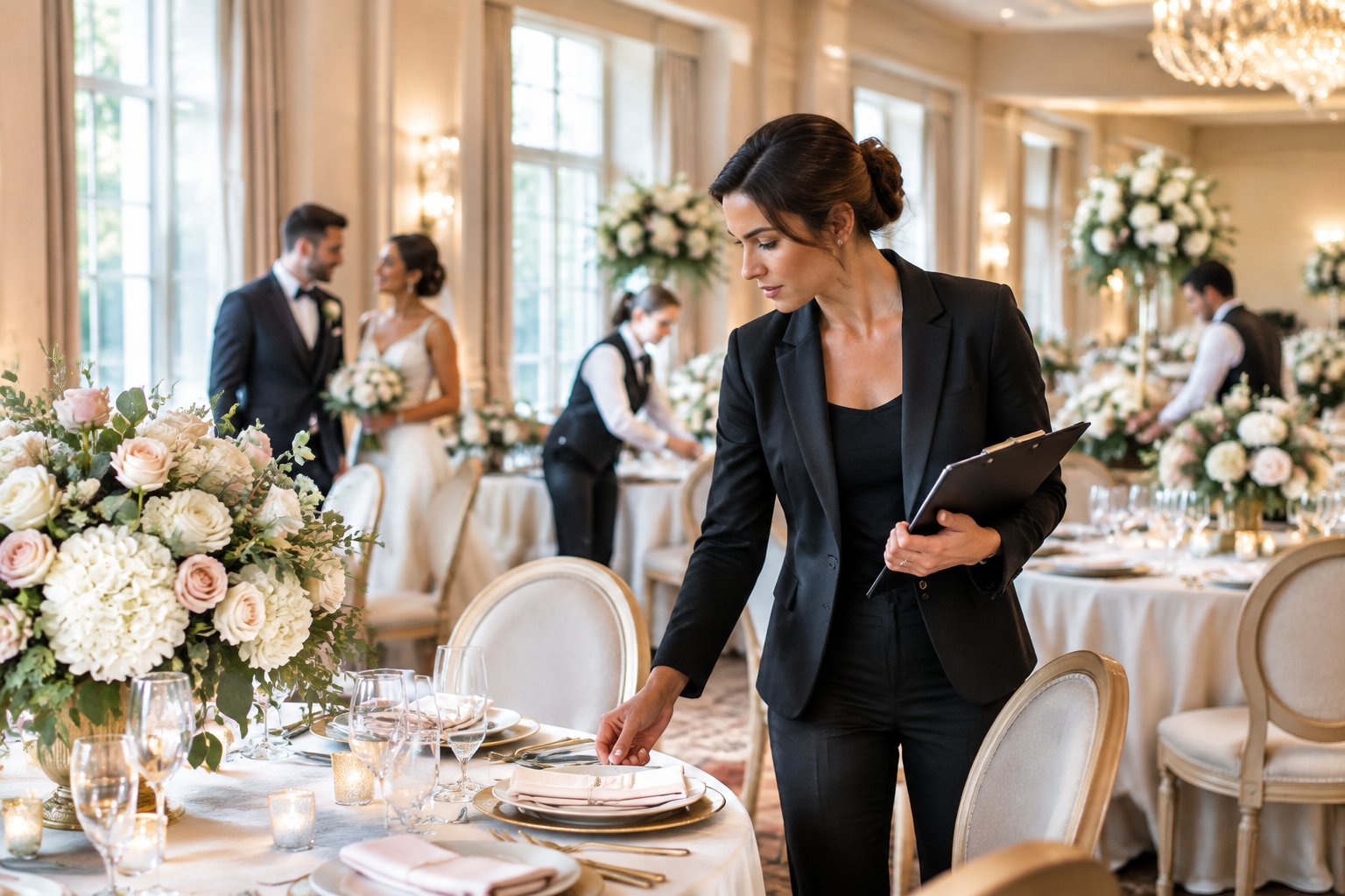 A wedding coordinator organizes reception details while the couple enjoys a calm moment nearby.