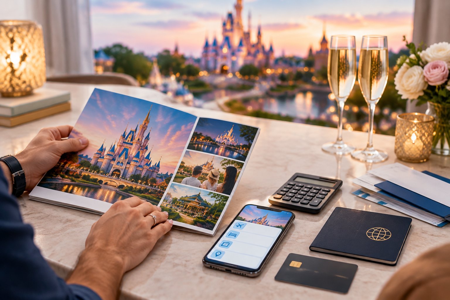 A couple plans a magical theme-park honeymoon at a desk with travel documents, a calculator, and champagne glasses.