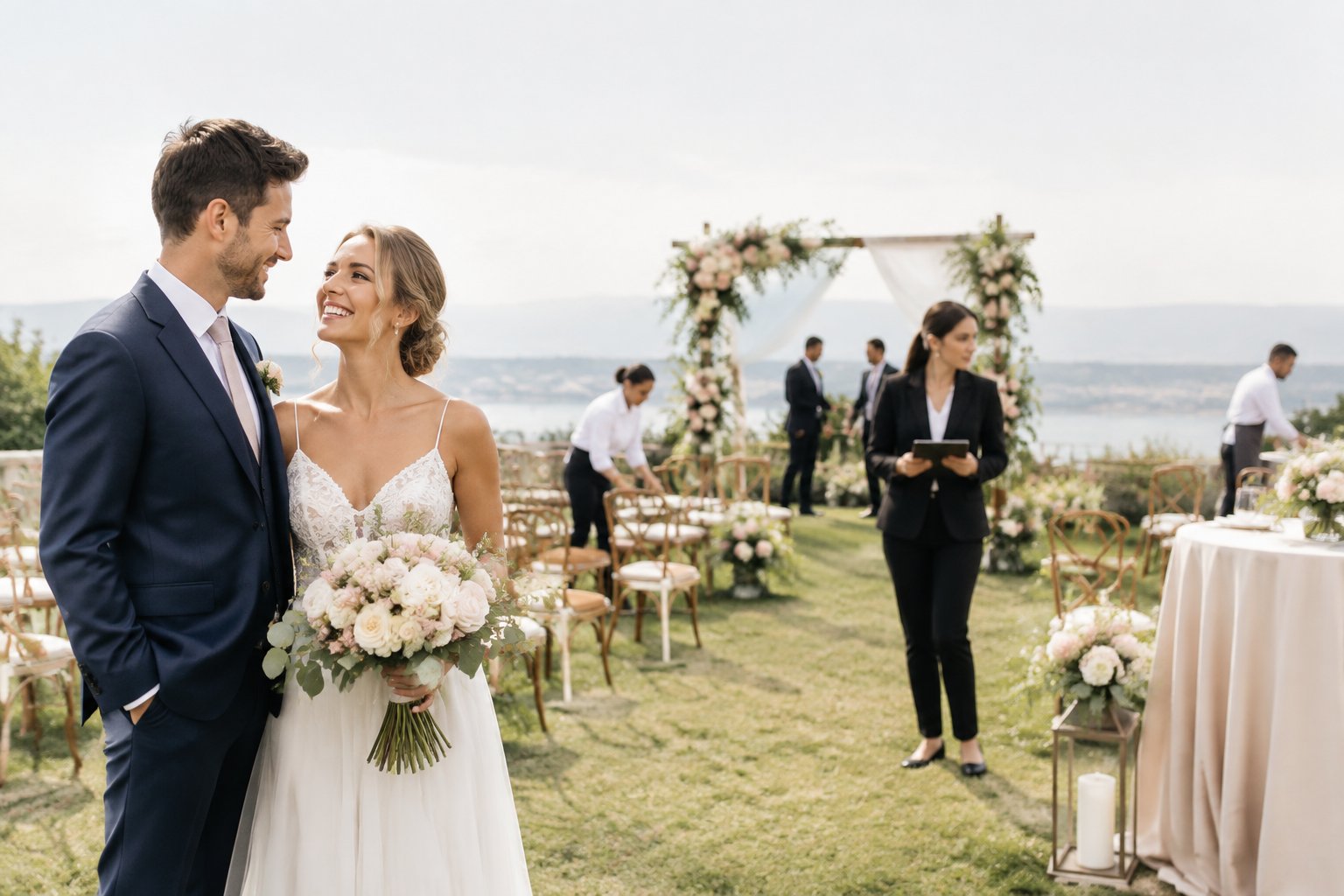 A wedding coordinator organizes ceremony details while the bride and groom enjoy a relaxed moment nearby.