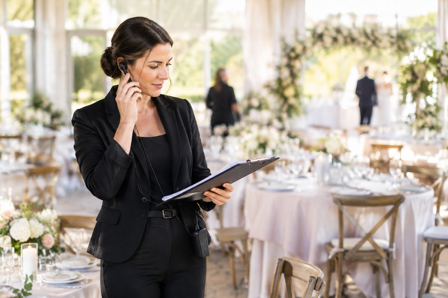 A wedding coordinator checks a schedule while overseeing an elegantly decorated reception.