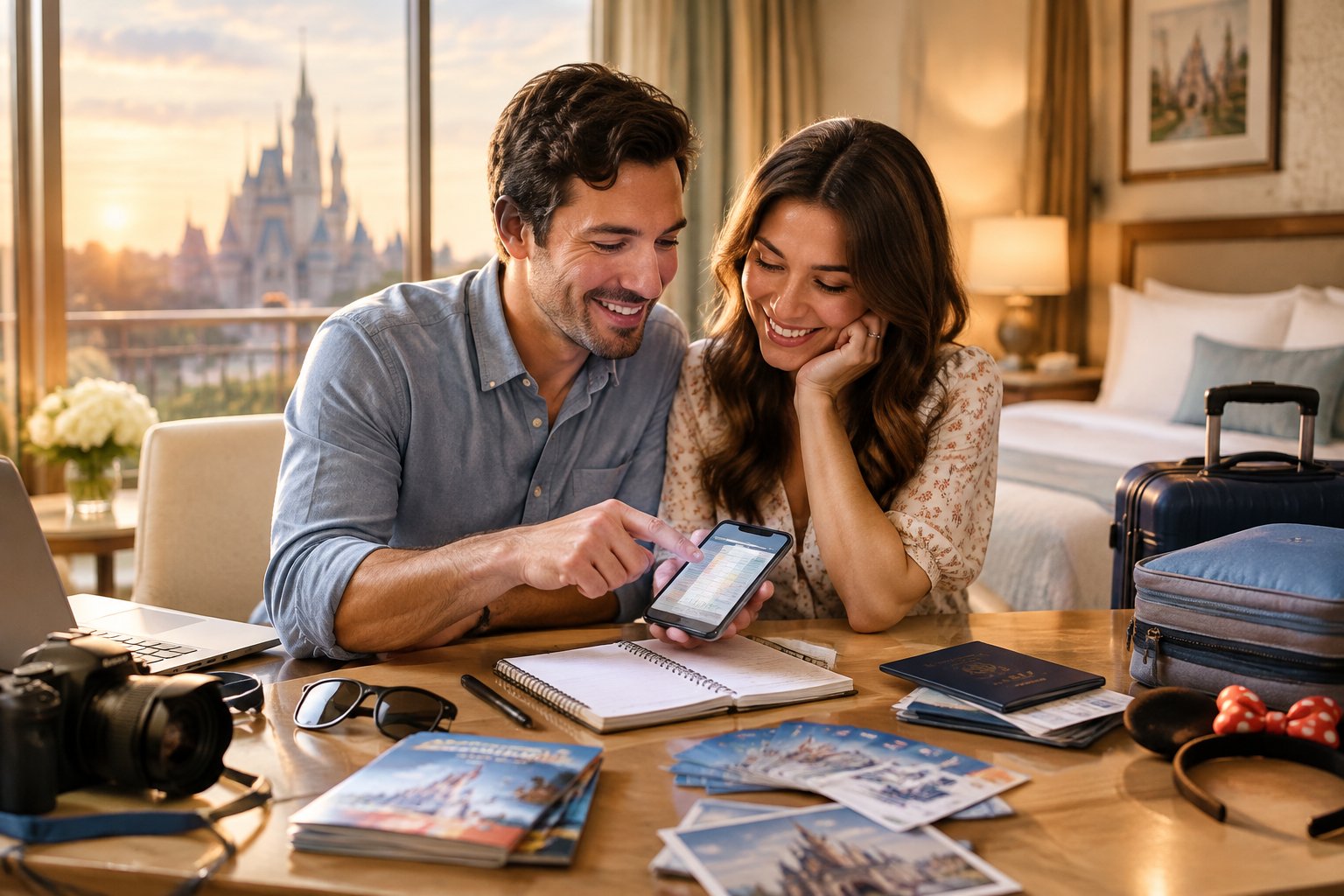 A newlywed couple reviews honeymoon expenses together in a Disney resort setting.
