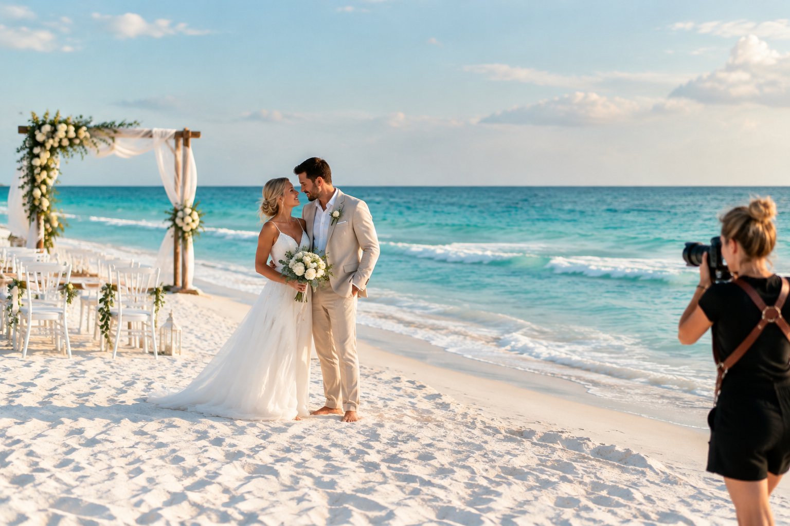 A bride and groom stand beneath a beach wedding arch while a photographer captures the ceremony.