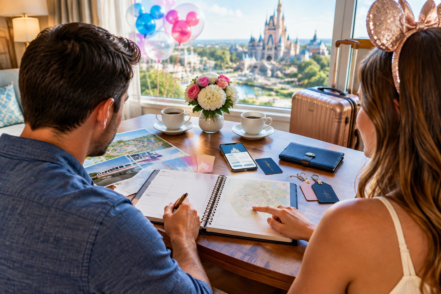 A couple plans a theme park honeymoon trip with travel documents, tickets, luggage, and a smartphone in a hotel room.