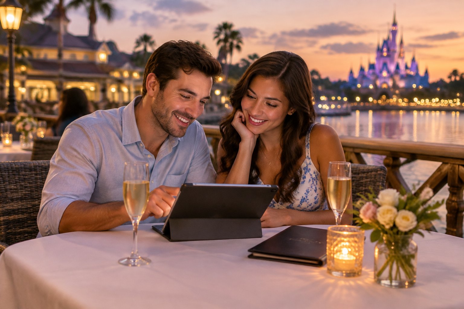 A newlywed couple plans a romantic dinner at an elegant resort restaurant.