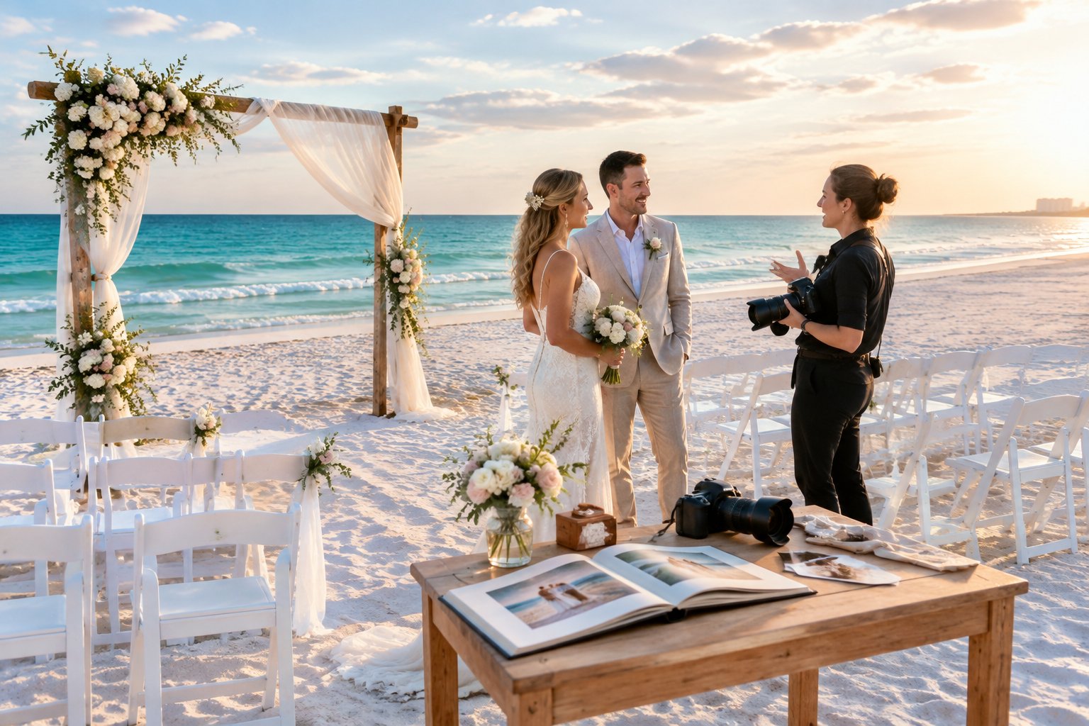 A bride and groom discuss their beach ceremony with a photographer beside a decorated wedding arch on a sunny Destin beach.
