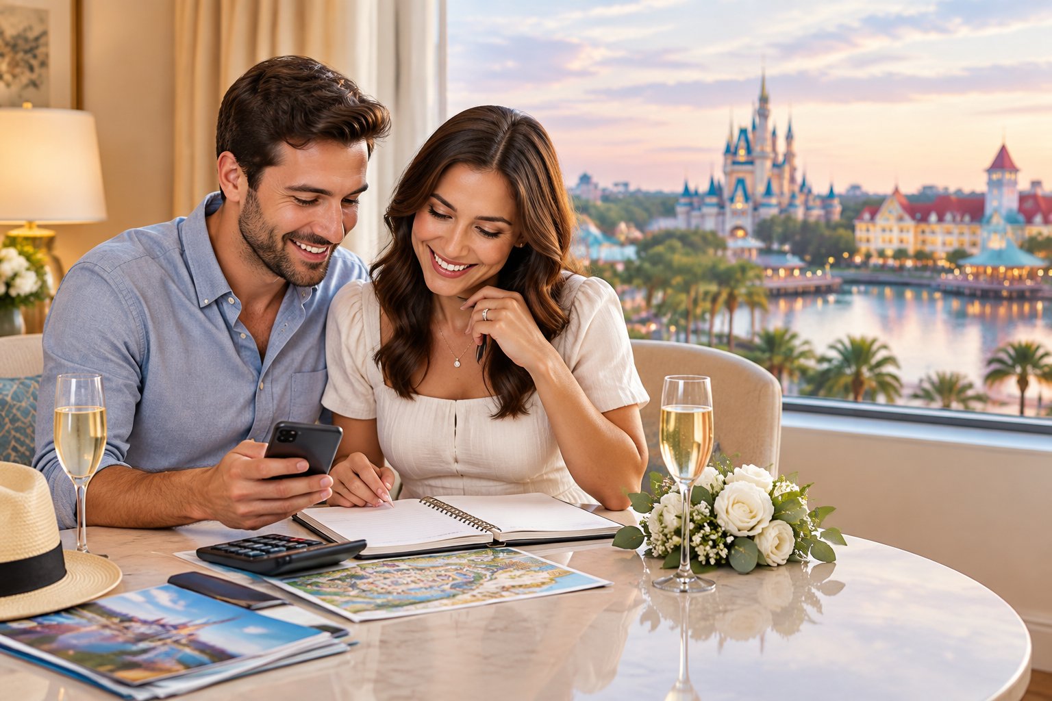 Newlywed couple planning a Disney World honeymoon budget together in a hotel room.