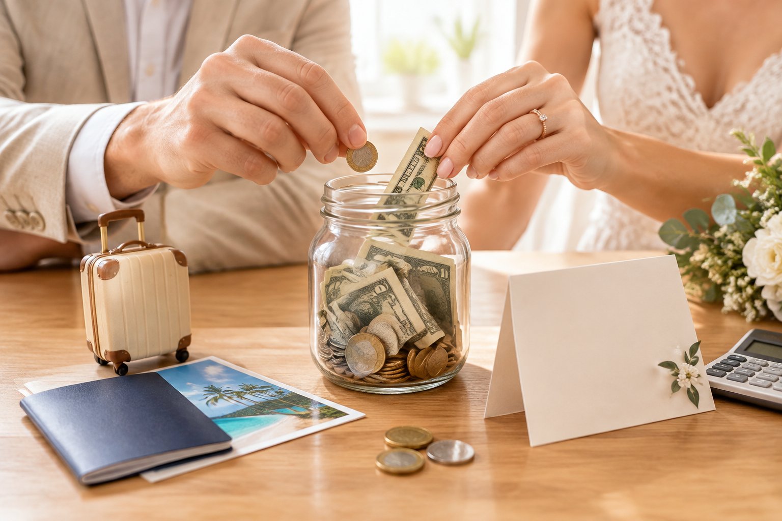 A newlywed couple places money into a savings jar beside wedding and travel items.