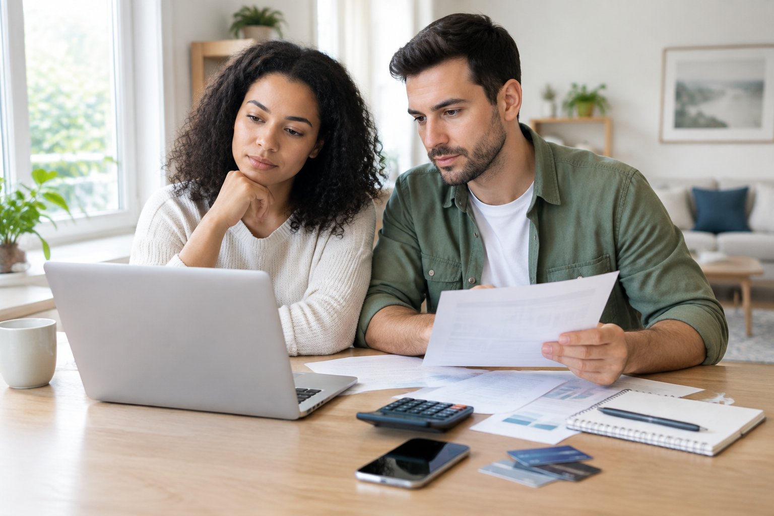 A newlywed couple reviews honeymoon fund information and budgeting materials together at a table.