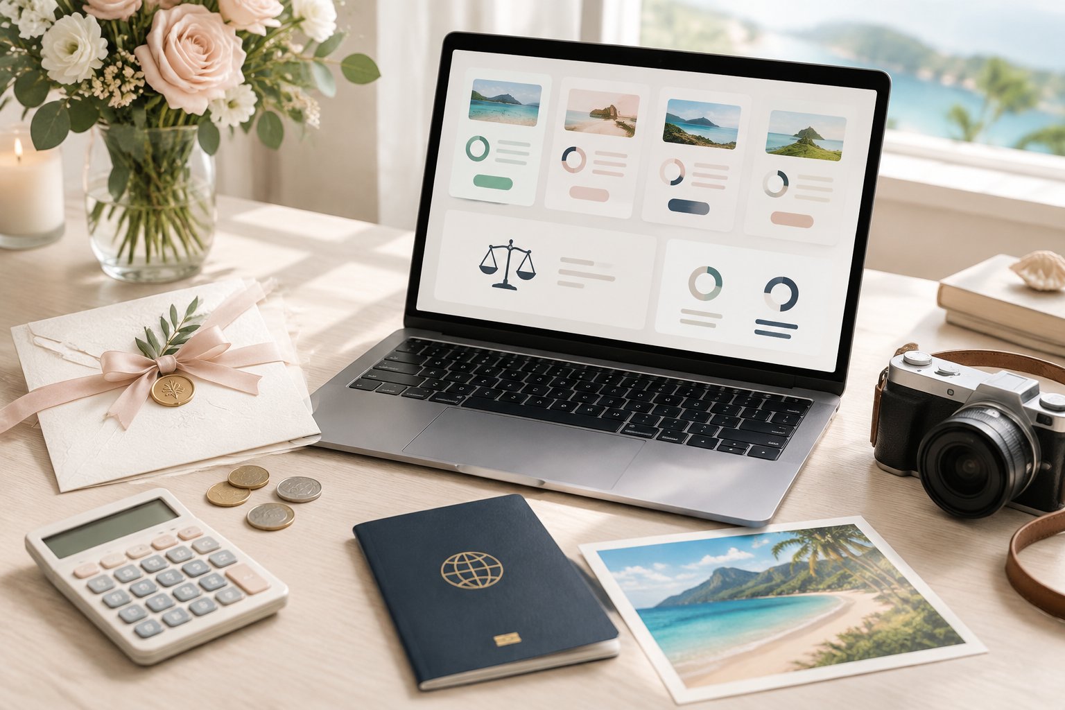 A wedding planning workspace with a tablet, calculator, coins, passport, camera, and tropical travel postcard.