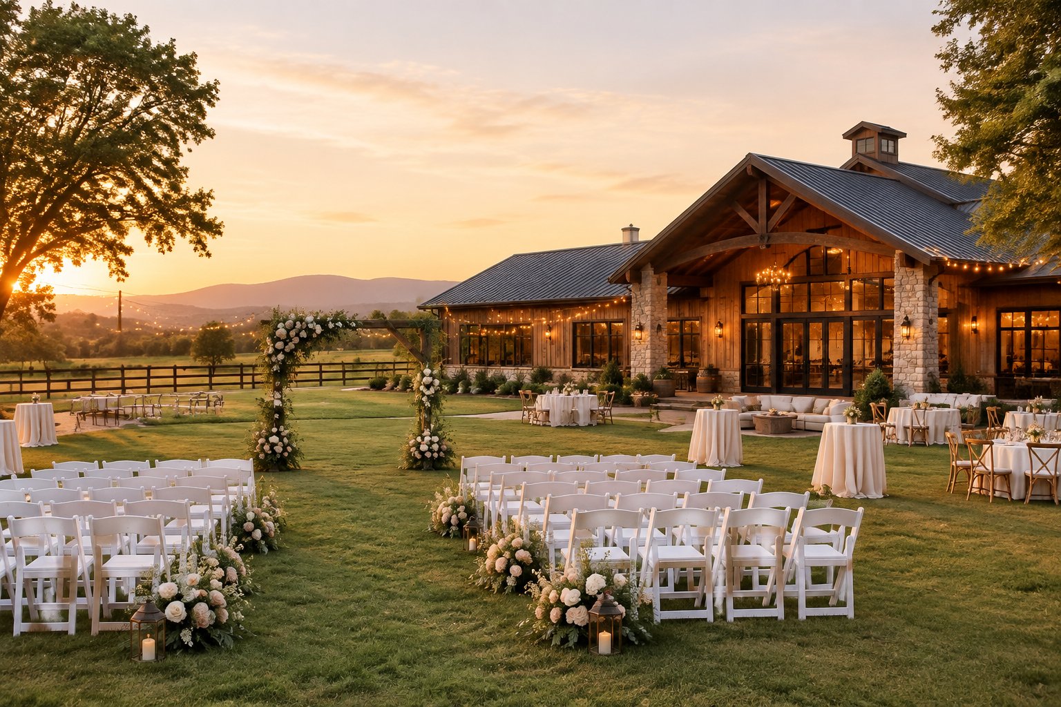 An elegant rustic wedding venue with a decorated outdoor ceremony area, ranch-style building, trees, fields, and rolling hills.