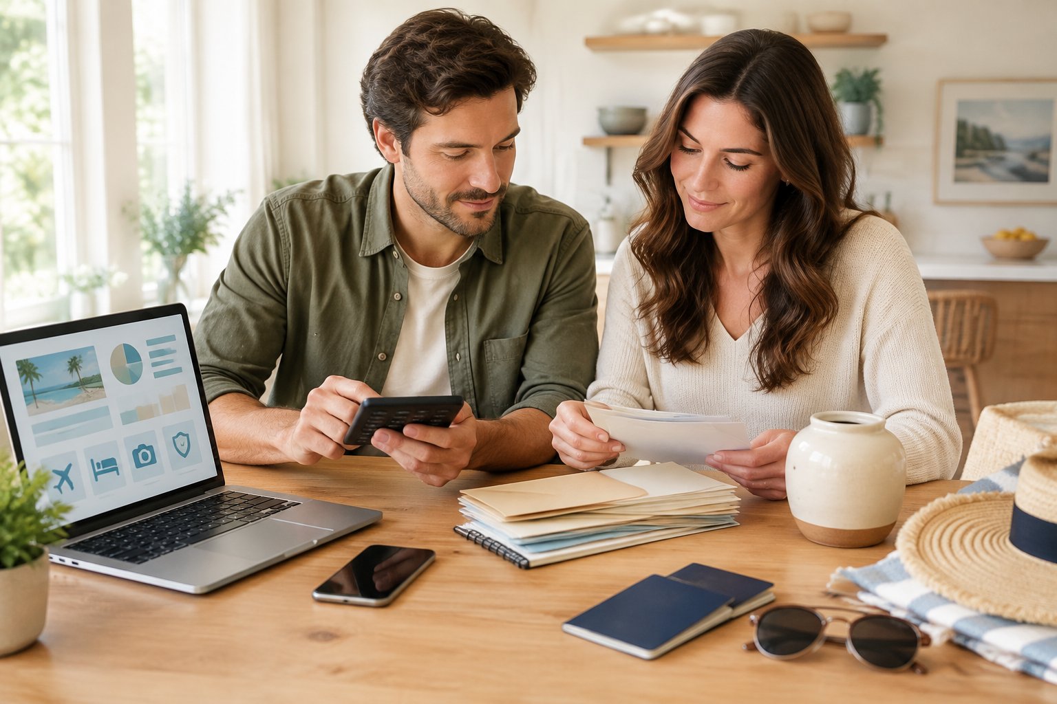 A newlywed couple reviews honeymoon finances and gift contributions at a table with a laptop, calculator, envelopes, and travel items.