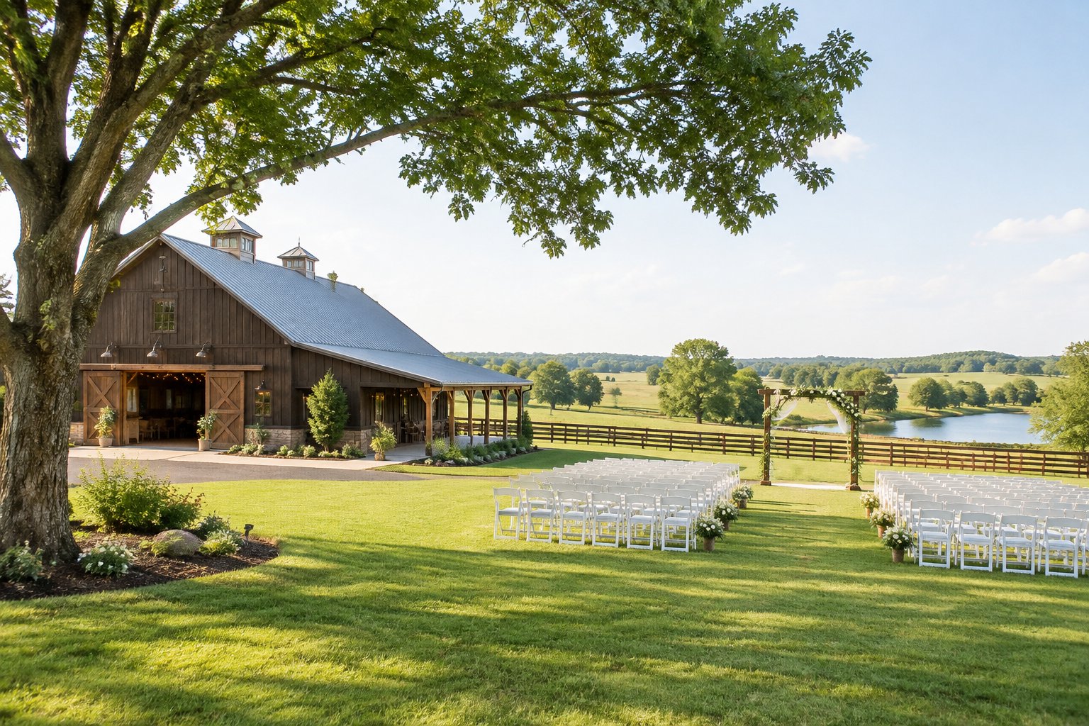 A rustic farm wedding venue surrounded by green lawns, trees, and open countryside.