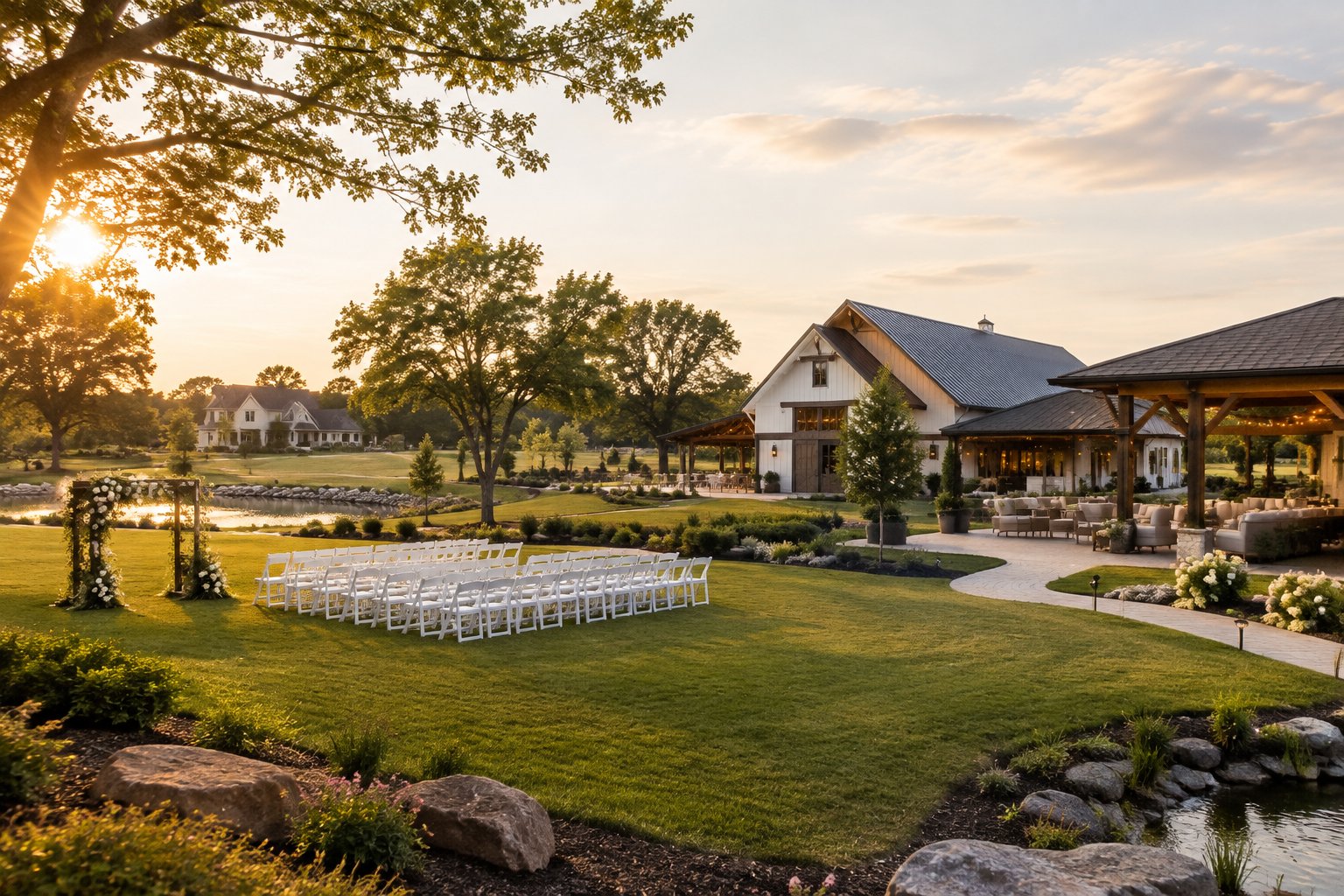 A landscaped wedding venue with a floral ceremony arbor, white chairs, reception spaces, and guest amenities.