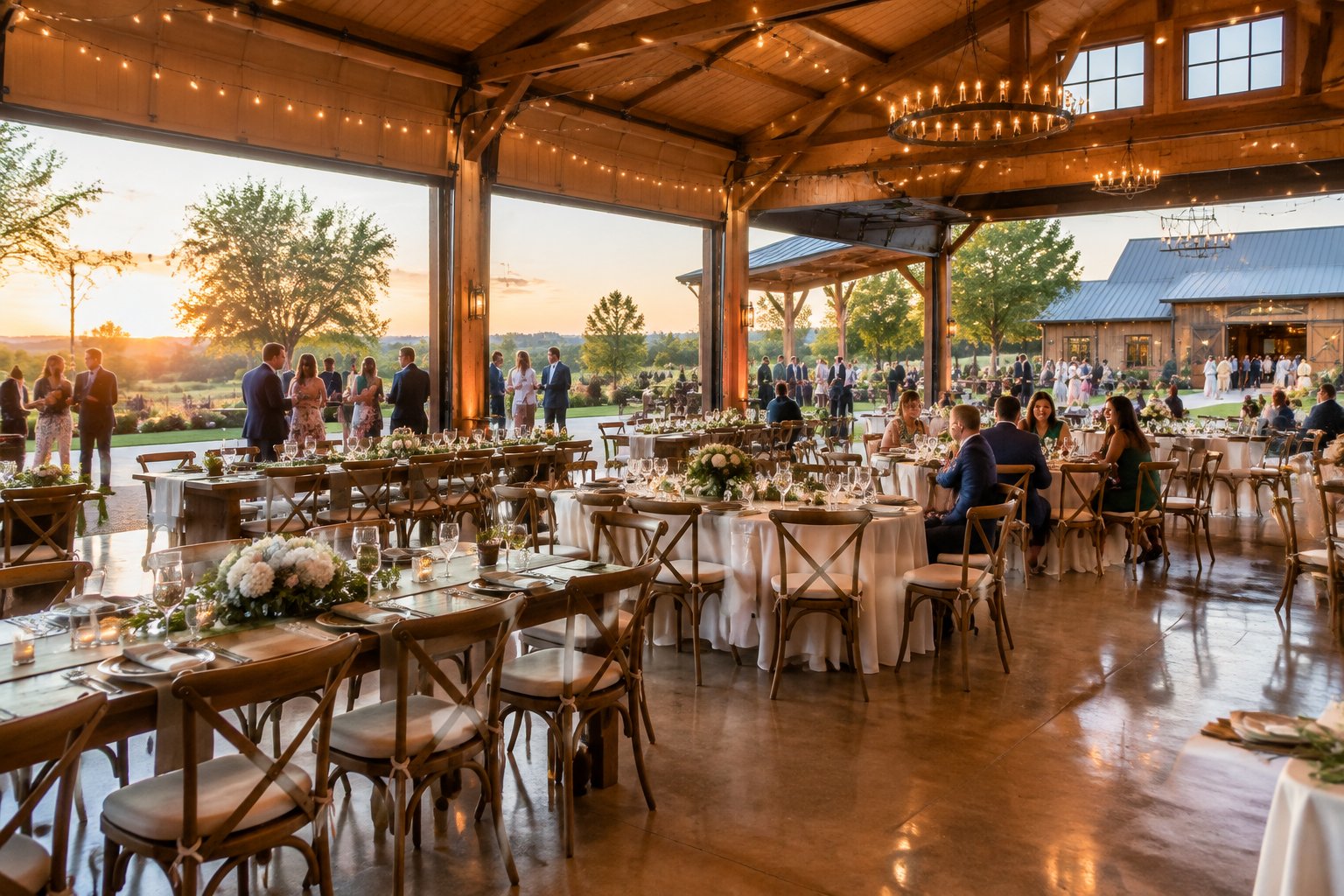 Guests gather at a spacious farm wedding reception venue with decorated tables and a barn in the background.