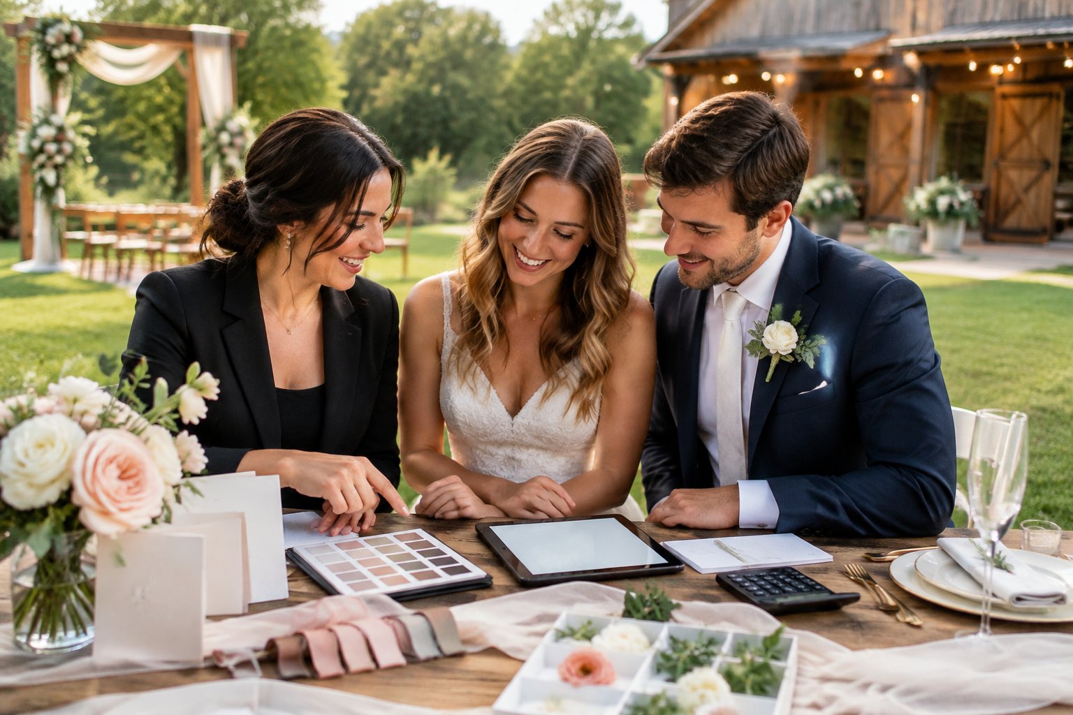 A couple and wedding coordinator review reception details at an elegant outdoor wedding venue.