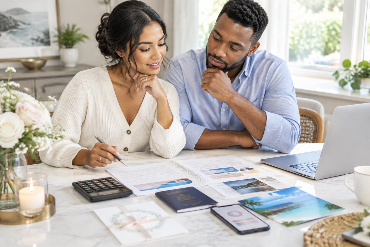A newlywed couple reviews wedding and honeymoon expenses together at a table.