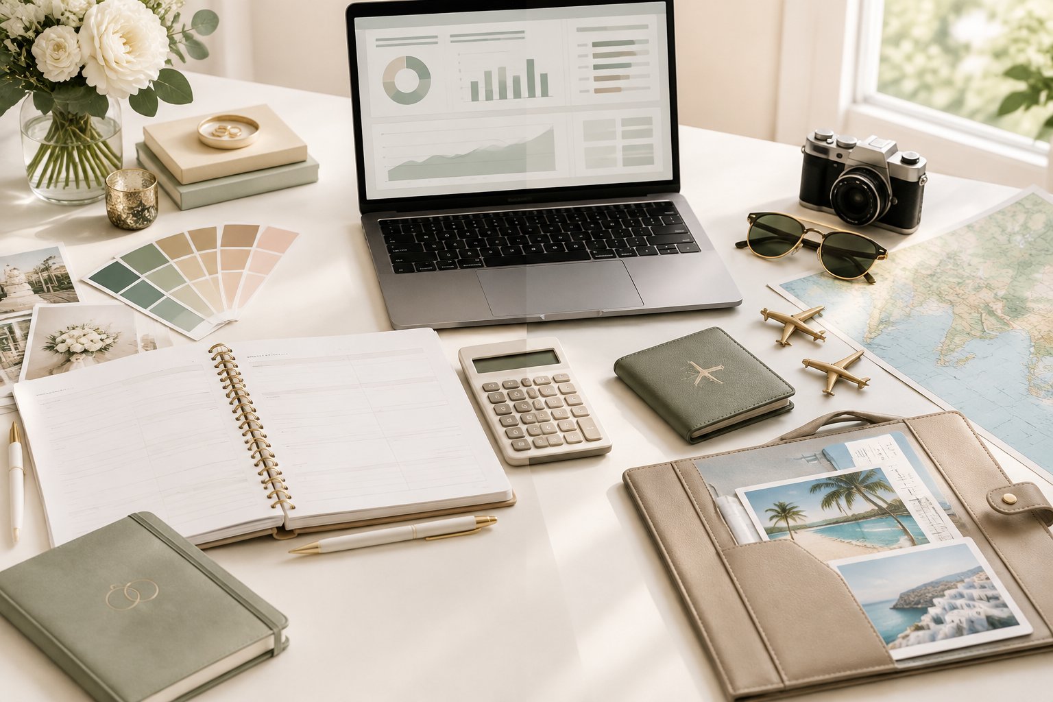 A wedding budget planner and separate honeymoon travel items arranged together on a desk.