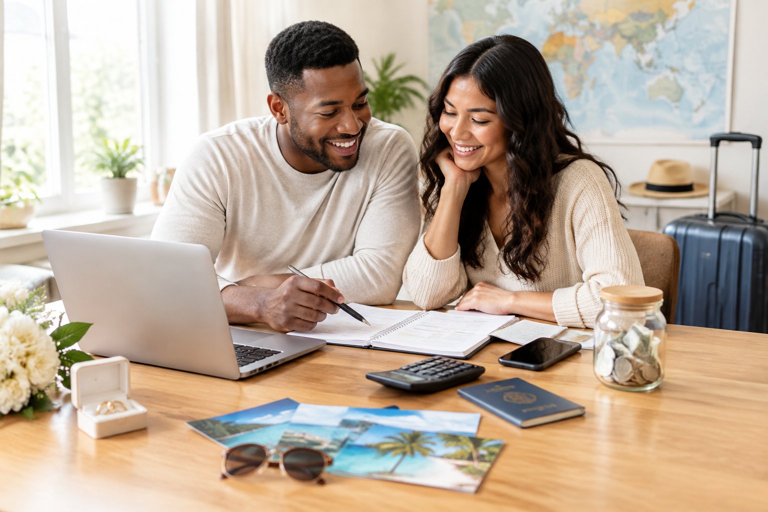 A newlywed couple reviews honeymoon finances at a table with travel items and budgeting tools.