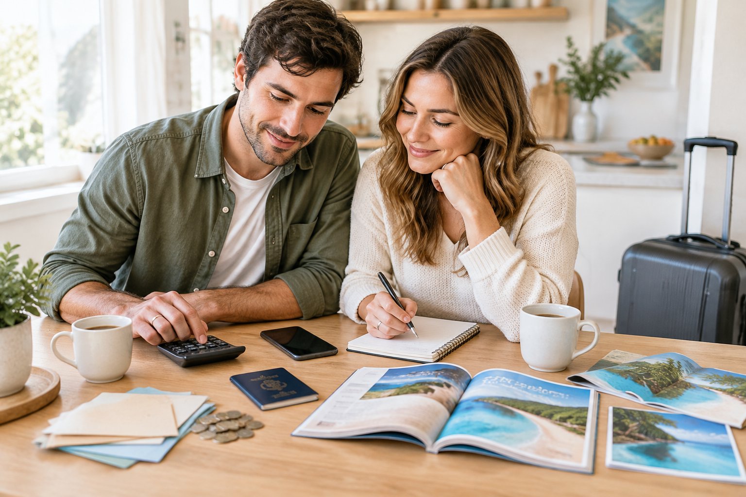 Newlywed couple planning honeymoon expenses at a table with travel items and a calculator.