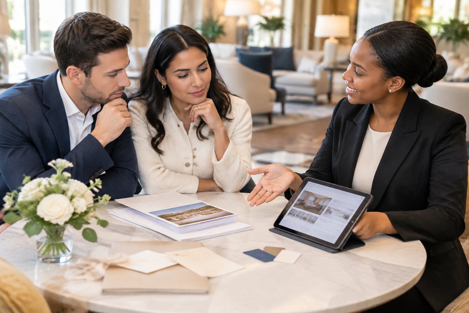 An engaged couple discusses wedding hotel accommodations with a hotel events coordinator in a bright lobby.