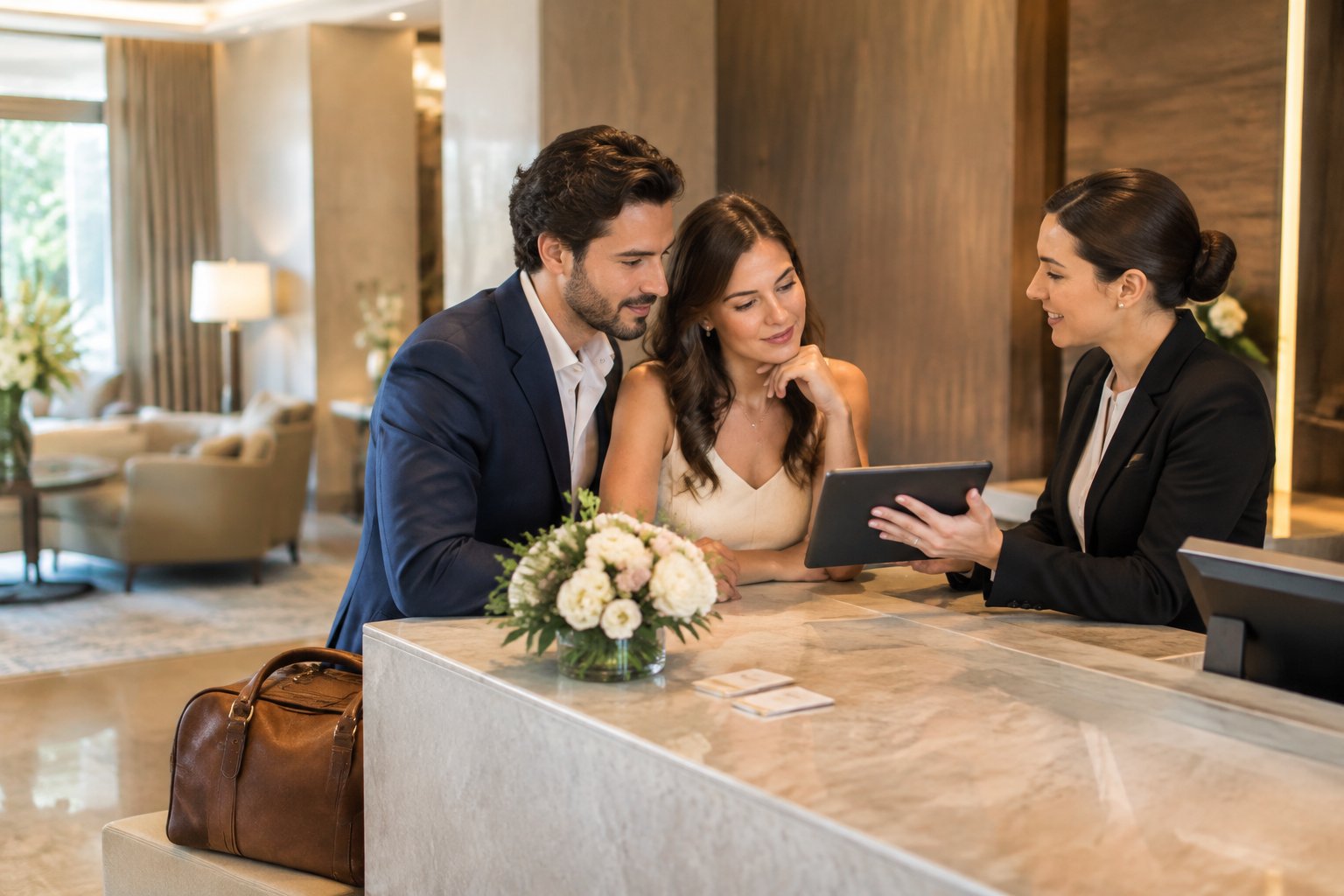 A couple discusses hotel accommodations with a concierge in an elegant hotel lobby.
