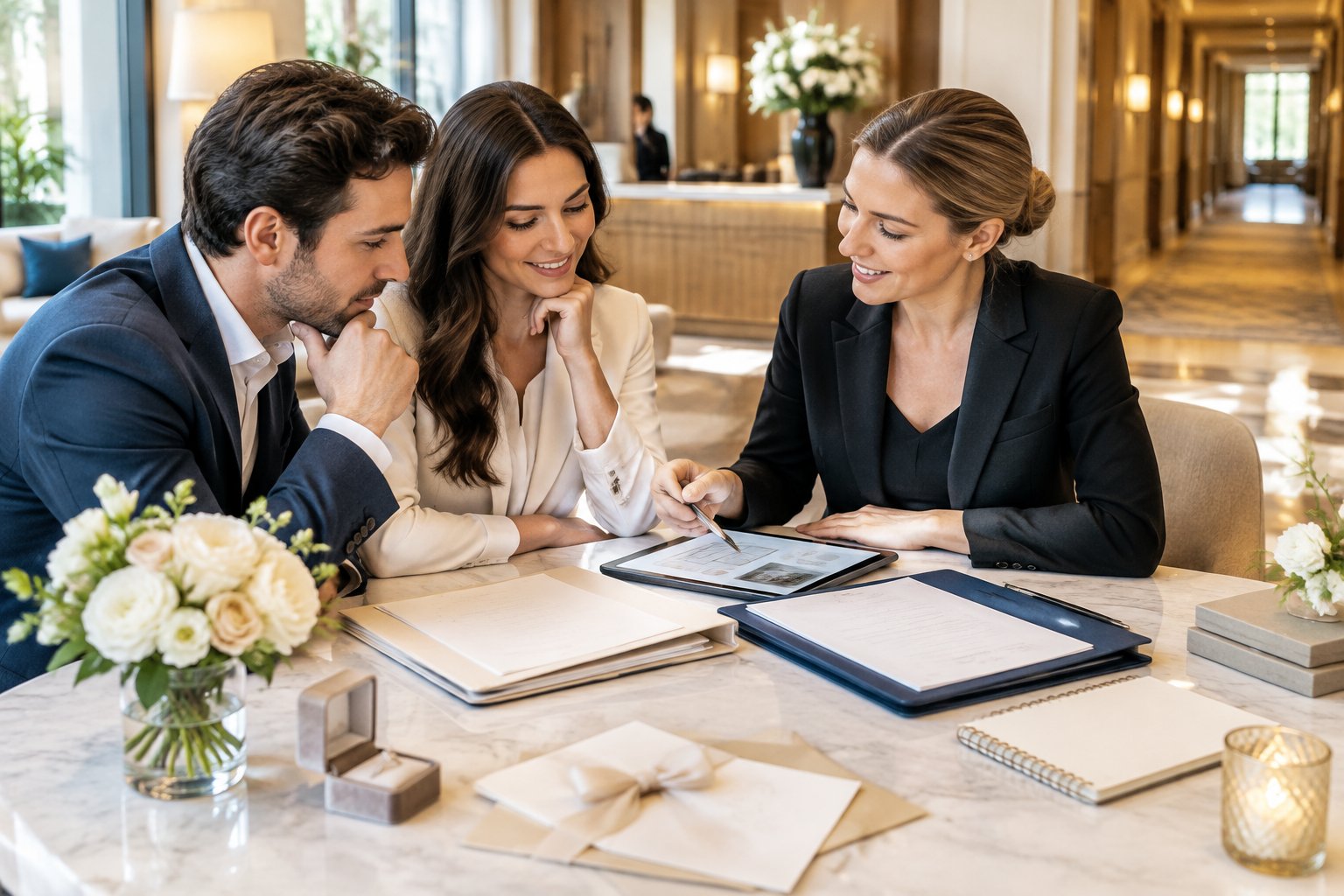 A couple discusses wedding hotel arrangements with a planner in an elegant hotel lounge.