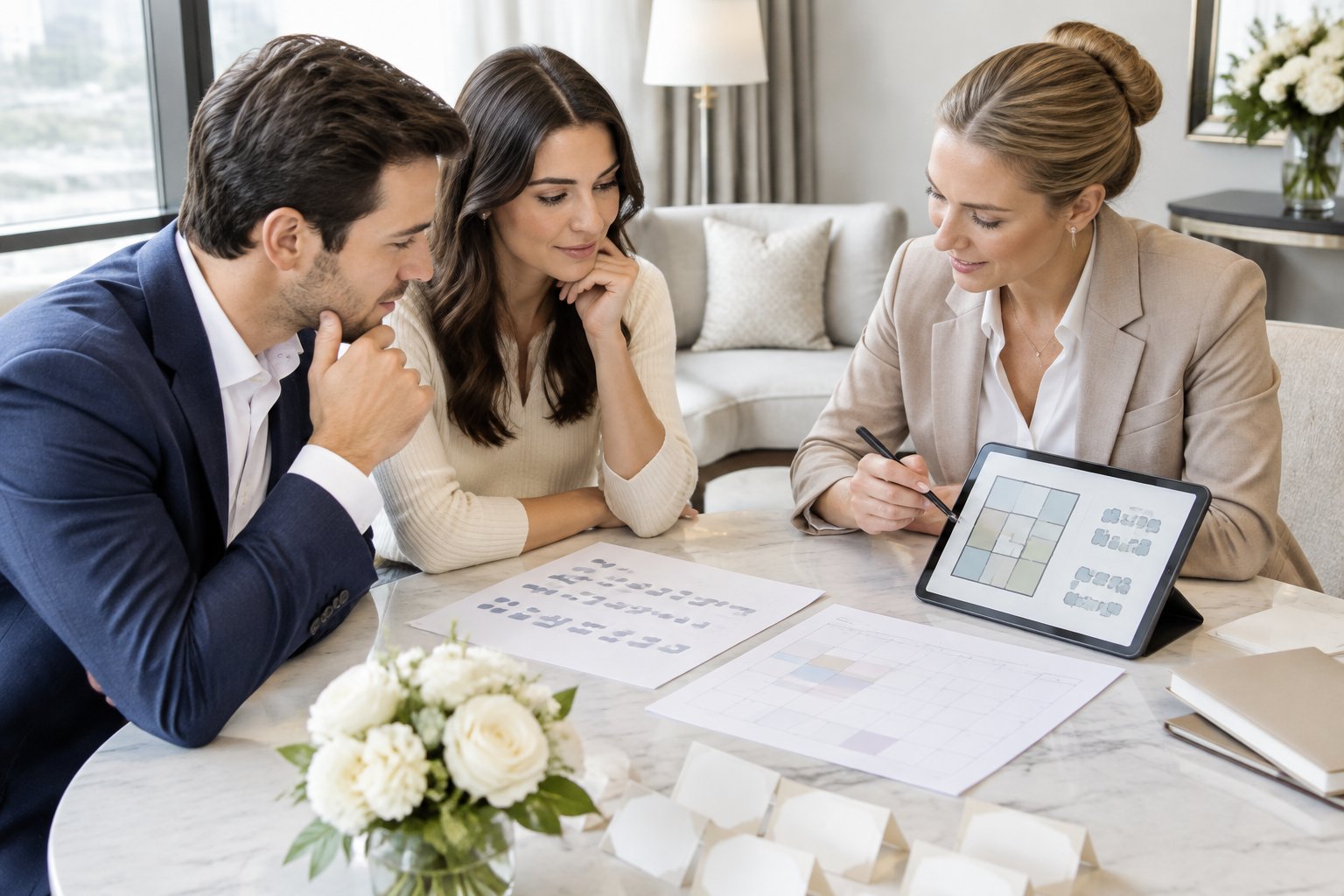 A couple and a wedding planner review guest accommodation plans at a table in a hotel.