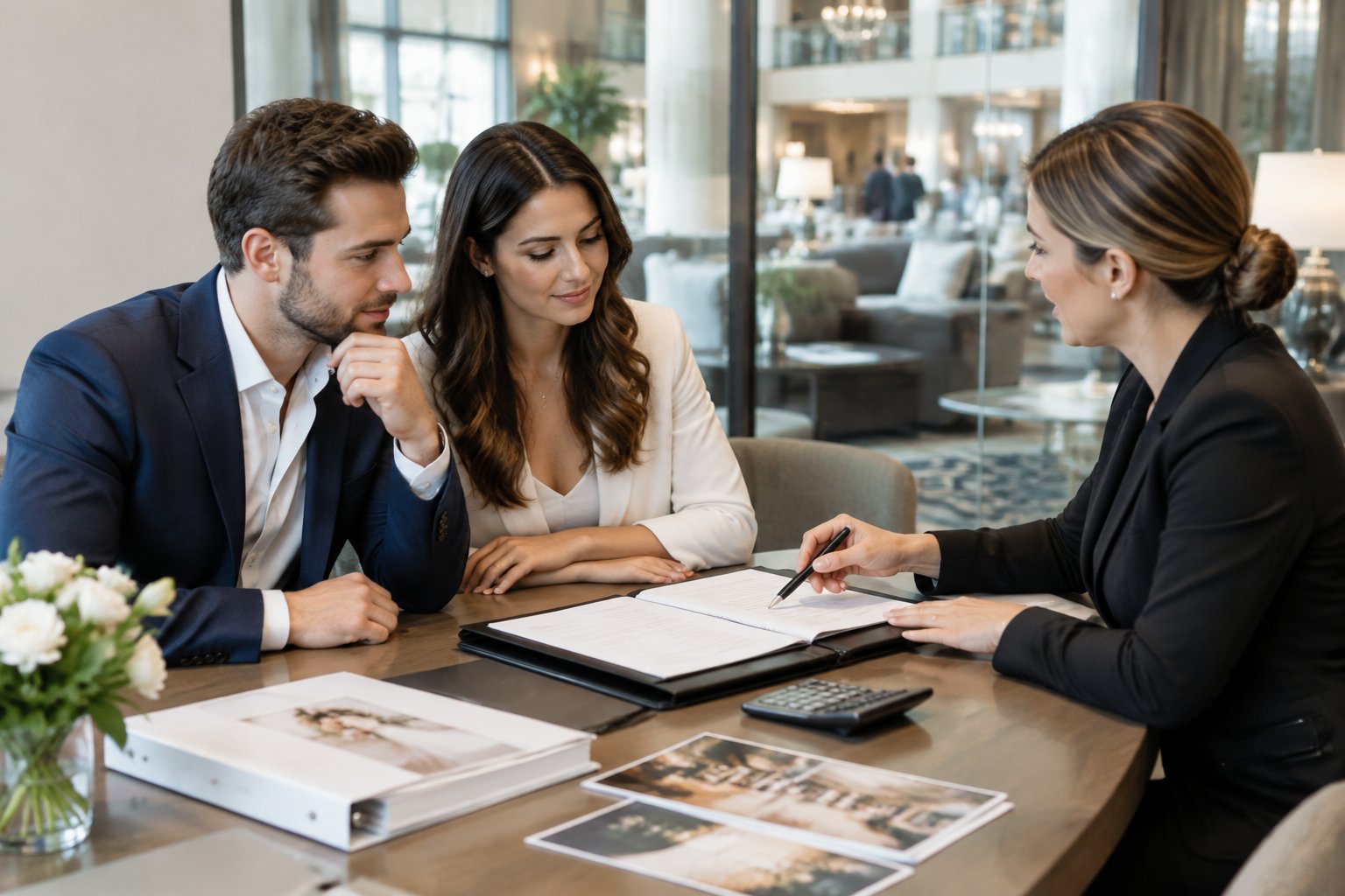 An engaged couple discusses a hotel contract with an events coordinator at a meeting table.