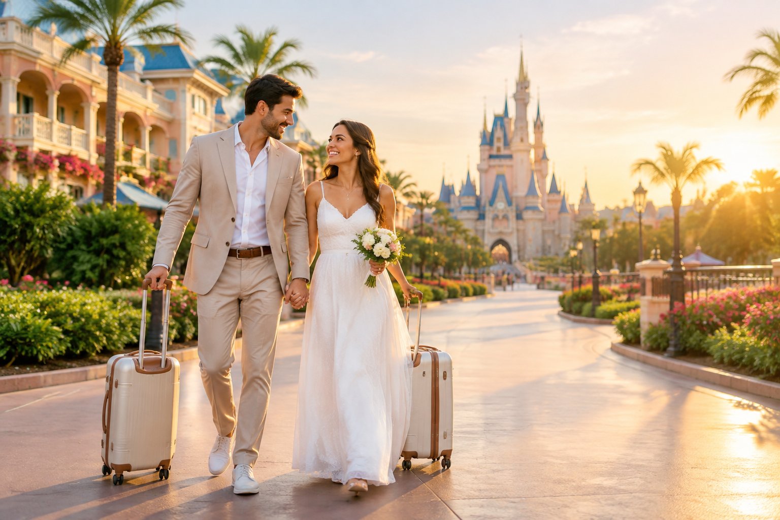 A newlywed couple walks hand in hand toward a fairytale castle at a landscaped resort.