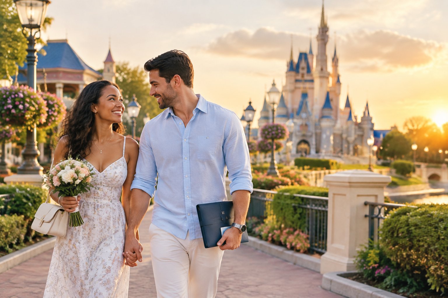 Newlywed couple walking hand in hand through a resort park with a fairytale castle in the background.