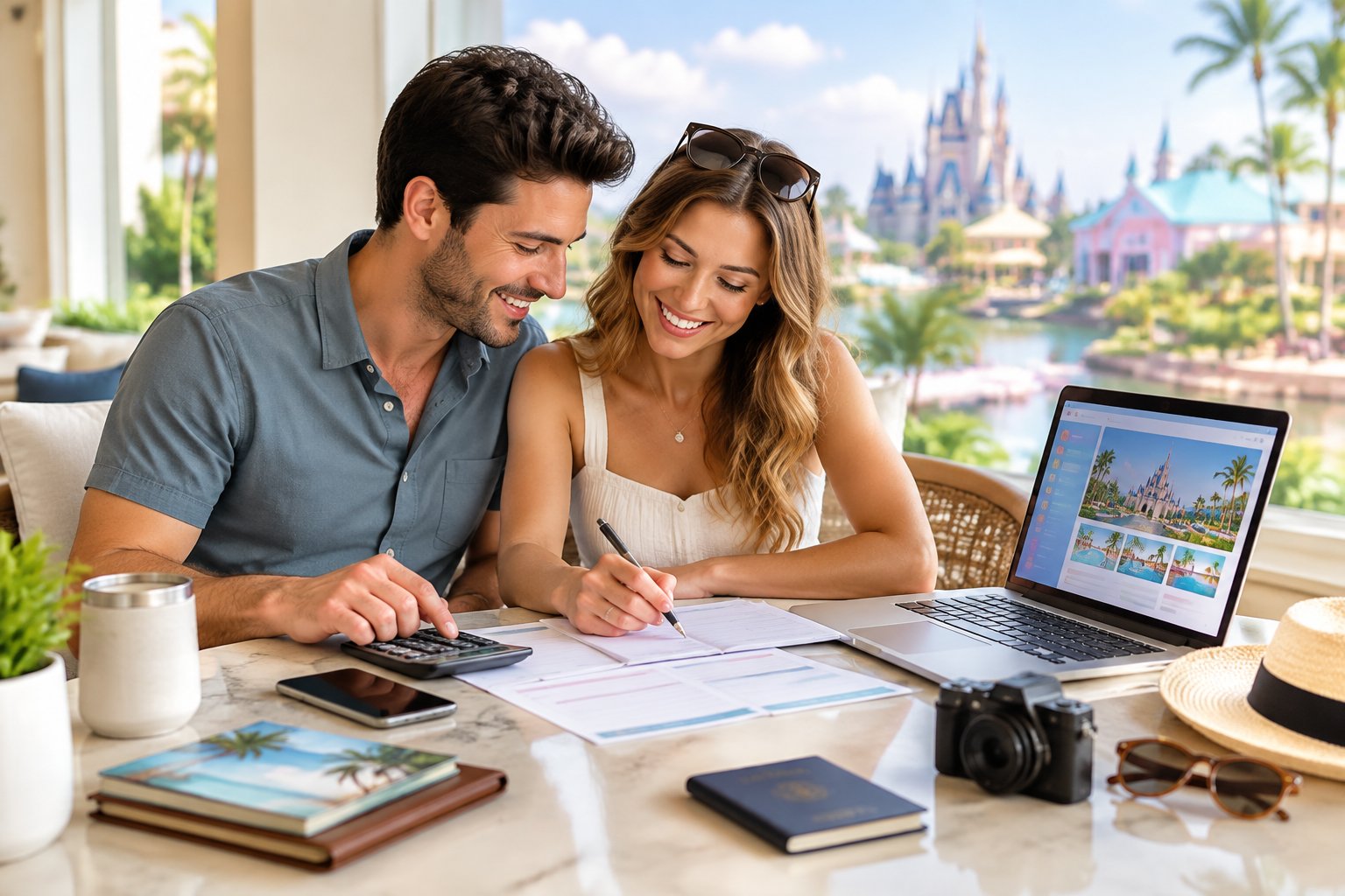 A newlywed couple planning a theme park honeymoon budget with a laptop, calculator, and travel documents.