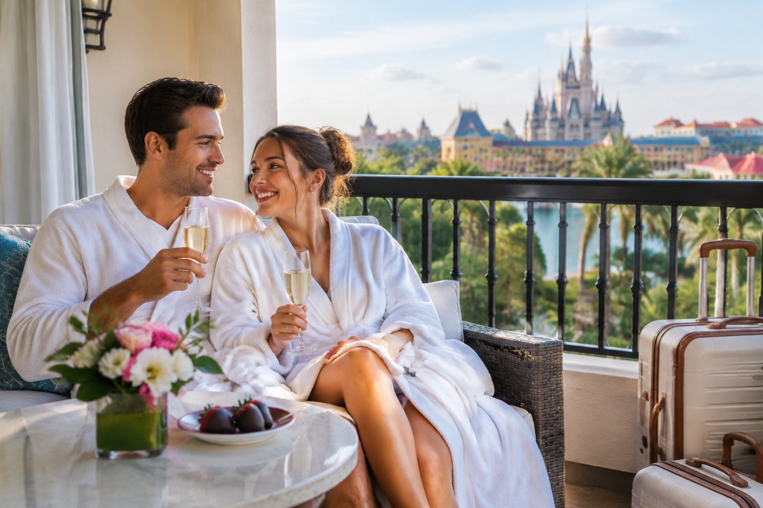 A couple relaxes on a luxury hotel balcony overlooking lush resort grounds and a distant fairytale castle.
