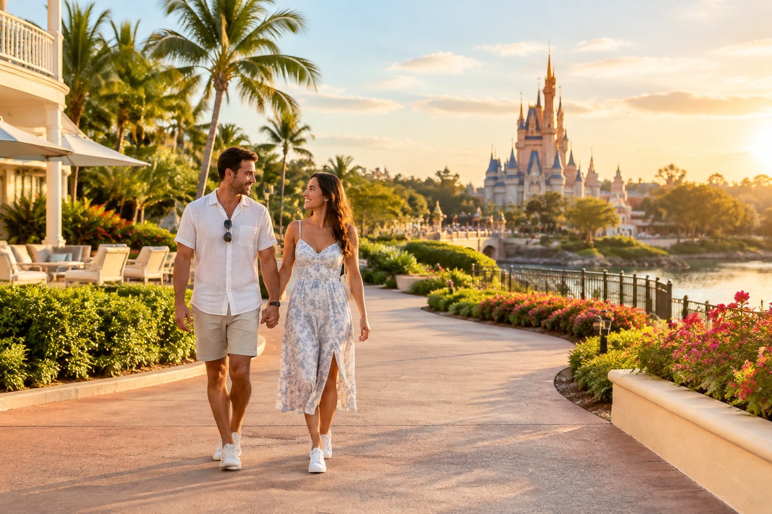 A newlywed couple walks hand in hand through a landscaped resort toward a distant fairytale castle.