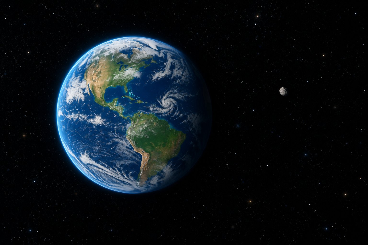 Earth in space with a small rocky object nearby.